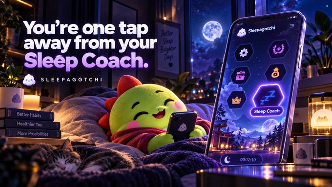 An advertisement for 'Sleepagotchi' showing a green cartoon character in bed next to a smartphone displaying the app, with the text 'You're one tap away from your Sleep Coach.'