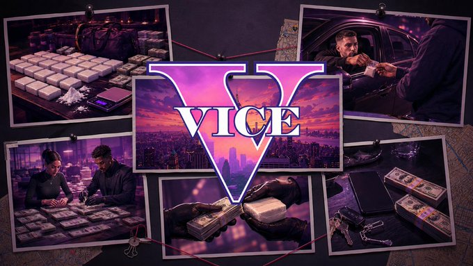 Promotional collage for 'V VICE' featuring scenes of drug deals, money counting, and criminals connected by red string against a purple-toned cityscape.