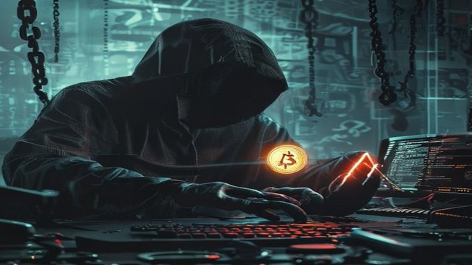 A hooded figure in dark clothing sits at a computer keyboard in a dimly lit, industrial-looking room with hanging chains, with an orange Bitcoin logo and a stylized neon Bitcoin icon visible near their hands.
