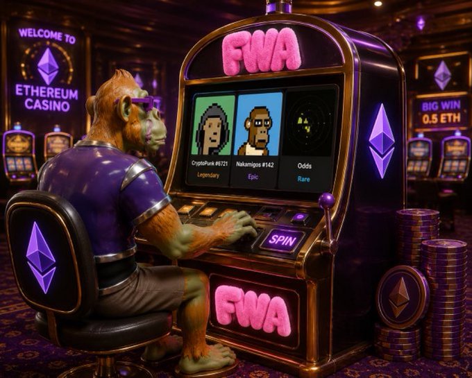 A 3D-rendered illustration shows an orangutan wearing sunglasses and a purple shirt playing a slot machine labeled 'FWA' in an 'ETHEREUM CASINO', with the screen displaying 'CryptoPunk #6721', 'Nakamigos #142', and 'Odds'.