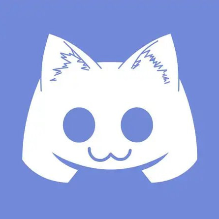 A simple white line drawing of a smiling cat-like face with large empty eyes and fluffy cheeks on a purple background.