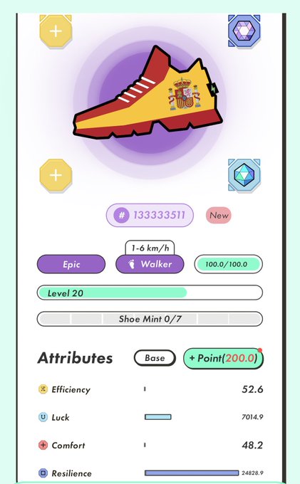 A digital sneaker NFT display showing a yellow and red Spanish-themed shoe, identified as '# 133333511', 'Epic', 'Walker', Level 20, with attributes like Efficiency, Luck, Comfort, and Resilience.