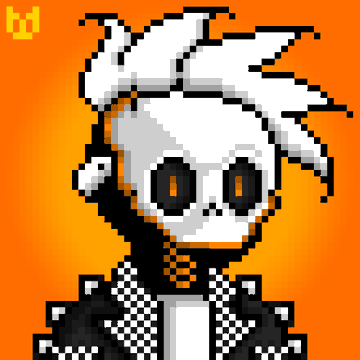 A pixel art illustration of a pale skeleton character with messy white hair and orange eyes, wearing a black and white checkered jacket against a solid orange background, with a small 'bd' logo in the top-left corner.