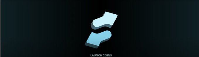 Logo animation frame on a dark background showing two stacked light blue geometric shapes above the text 'LAUNCH COINS'.
