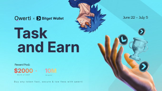 The image features a poster for an Owerri platform that has a blue background with white text. The headline of the post states "Task And Earn", suggesting that there's some sort of task or reward system being advertised, possibly related to Bitcoin. The poster also includes details about the rewards pool and the amount of money involved, as well as a list of prizes available for those who participate in the challenge. Furthermore, it mentions that players can buy tokens fast and easy with Quirter.