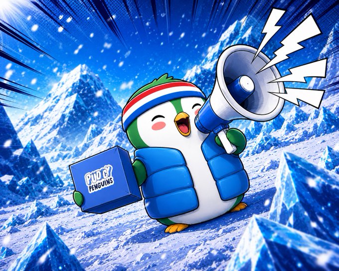 A cartoon penguin wearing a red-white-blue headband and blue vest holding a megaphone and a blue 'PUDGY PENGUINS' box in a snowy, icy landscape.