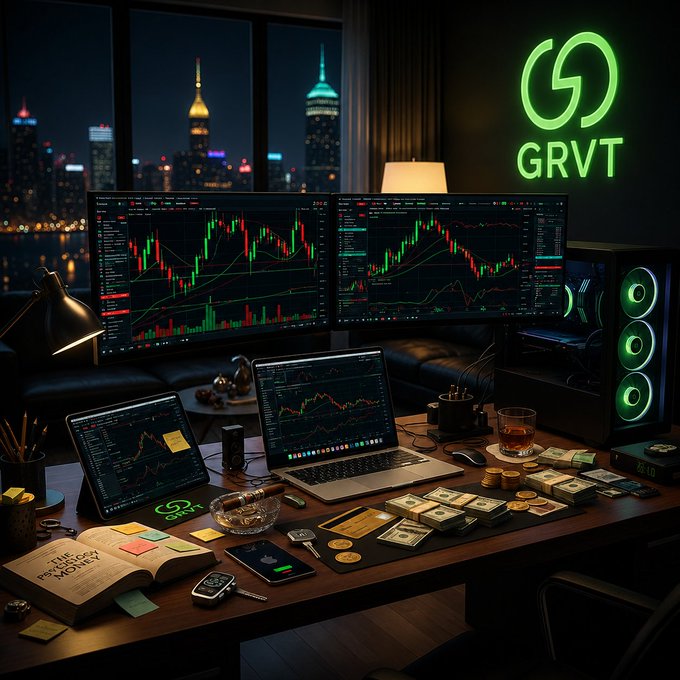 Stylized trading workspace with multiple monitors displaying candlestick charts, a glowing green 'GRVT' neon logo, stacks of cash, and a nighttime city skyline visible through the window.