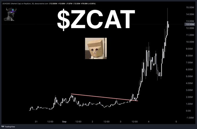 A TradingView candlestick chart for $ZCAT/ZCATSEC on Raydium shows the price spiking sharply upward from around 1-2M to a peak near 14M before settling at 12.55M, with a 479.66K (+3.95%) daily gain—capturing the volatile breakout momentum referenced in the "$ZCAT pt2" post.