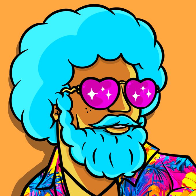 A cartoon illustration of a man with bright cyan afro hair and beard, wearing pink heart-shaped sunglasses and a colorful tropical shirt against an orange background.