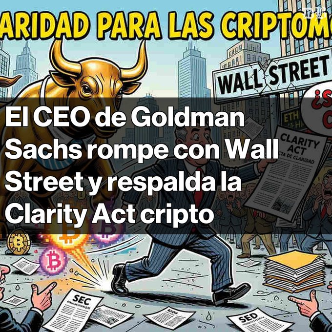 A Spanish-language news graphic reading 'El CEO de Goldman Sachs rompe con Wall Street y respalda la Clarity Act cripto' depicting a golden bull, a businessman, and the Wall Street sign.