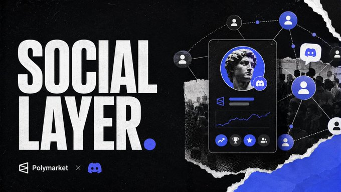 Promotional graphic titled 'SOCIAL LAYER.' announcing a partnership between Polymarket and Discord, featuring a smartphone with a classical bust profile and network of user connection icons.