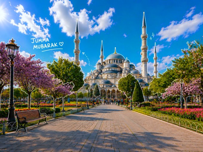 The image shows a beautiful mosque with multiple minarets and domes, surrounded by a garden pathway lined with cherry blossom trees and lampposts under a bright blue sky. The handwritten text "JUMMA MUBARAK ♡" appears in the upper left corner, offering a Friday blessing greeting.

Notably, the image doesn't visually relate to the accompanying post about Beldex's privacy-focused roadmap and EVM compatibility—there's no connection between the Islamic greeting/mosque imagery and the cryptocurrency announcement, making this a rather mismatched pairing.