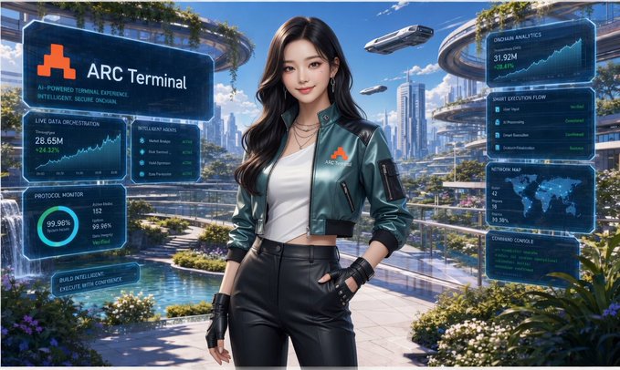 The image features a woman standing next to a cityscape, wearing a black leather jacket and pants. She has her hands in her pockets and appears to be posing for a photo or selfie. The background of the image includes various buildings and a fountain, giving off an urban vibe. There is also text present in the image that reads "@TheARCTERMINAL", which could possibly be related to the post about wallets.