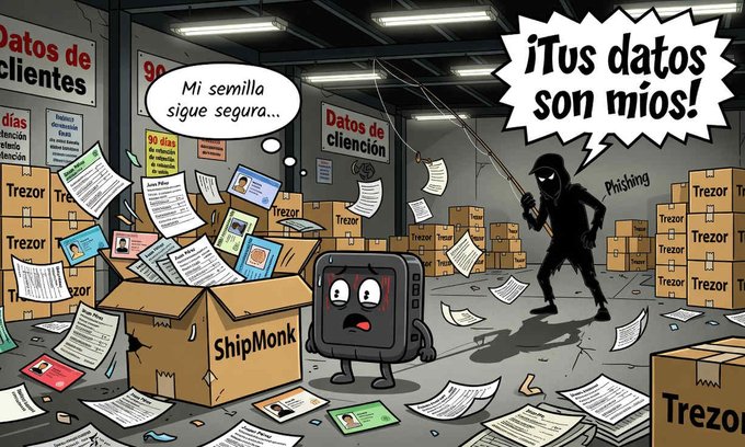 A cartoon illustration of a phishing attack where a hooded hacker declares "¡Tus datos son míos!" while stealing customer data, with a worried ShipMonk device thinking "Mi semilla sigue segura..." amid scattered Trezor boxes and ID documents.