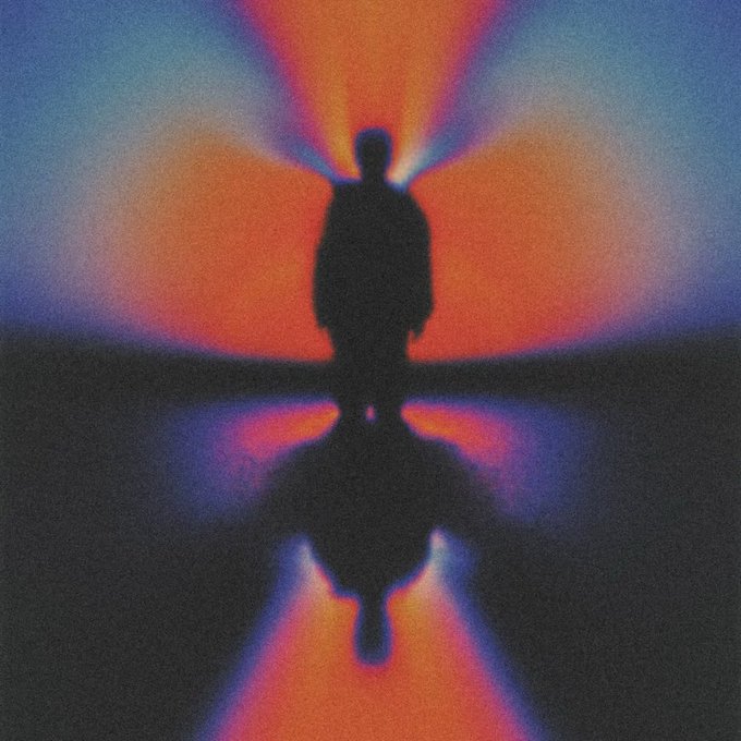 A stylized silhouette of a standing figure radiating an orange and red glow, mirrored symmetrically below against a grainy dark blue background.