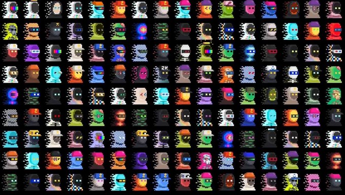 A grid displaying numerous pixel art character avatars with various colorful designs, including figures with hats, glasses, helmets, and different skin tones arranged in rows and columns.