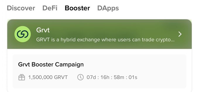 The image shows the Binance Web3 Wallet "Booster" tab displaying the **Grvt Booster Campaign** with a prize pool of **1,500,000 GRVT** tokens and a countdown timer of **07d:16h:58m:01s**. This visual directly supports the post's instructions on how to access the $GRVT airdrop by navigating to the Booster section to complete missions and earn rewards.