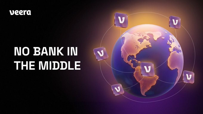 A promotional banner for Veera features the tagline "NO BANK IN THE MIDDLE" alongside a glowing purple globe surrounded by interconnected "V" icons, visually reinforcing the brand's promise of direct, borderless value transfer without intermediaries.