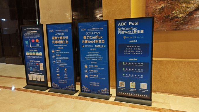Four blue vertical banners are displayed in a row, prominently featuring "2026 GCFX 长葛共识大会" (GCFX Changge Consensus Conference) and "聚力Conflux 共建Web3新生态" (Gathering strength for Conflux, building a new Web3 ecosystem together), along with the "ABC Pool" branding, showcasing Conflux's compliance and ecosystem partners at a domestic Chinese conference venue.