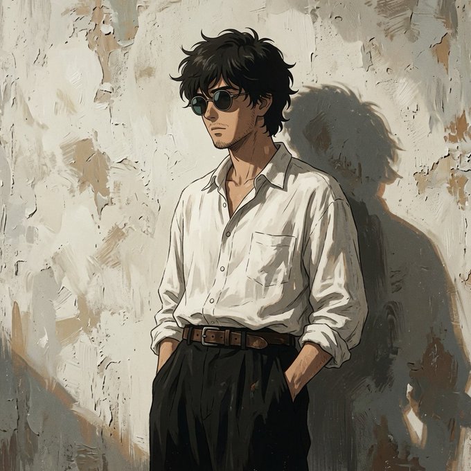 A painted portrait of a young man with dark messy hair, round sunglasses, an open-collared white shirt, and dark trousers, standing against a textured beige wall.