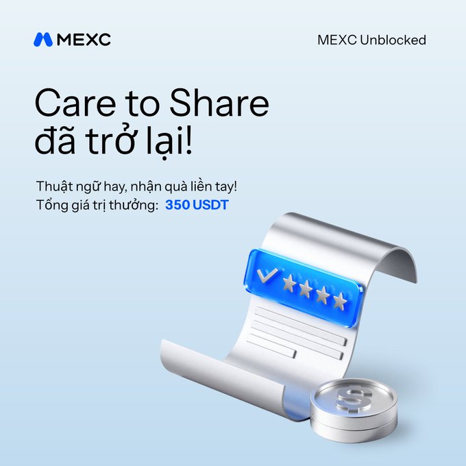 MEXC Unblocked promotional graphic with the text 'Care to Share đã trở lại!' (Vietnamese for 'is back!') and details a giveaway with a total prize pool of 350 USDT ('Tổng giá trị thưởng: 350 USDT').