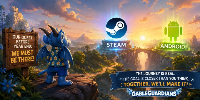 A promotional graphic for 'GABLEGUARDIANS' featuring a blue dragon character and logos for Steam and Android, with text stating 'OUR QUEST BEFORE YEAR END: WE MUST BE THERE!'.