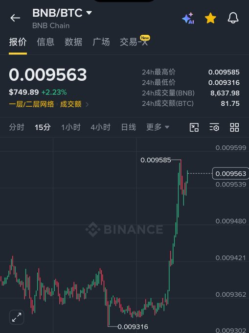 A Binance mobile app screenshot displaying the "BNB/BTC" trading pair at 0.009563 ($749.89, +2.23%) with a 15-minute candlestick chart showing a recent price spike.