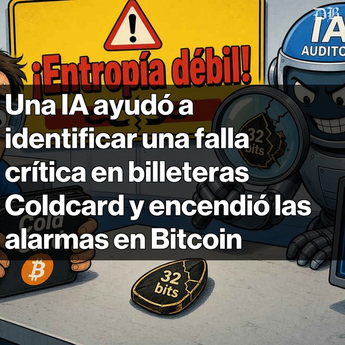 A Spanish-language graphic reads '¡Entropía débil! Una IA ayudó a identificar una falla crítica en billeteras Coldcard y encendió las alarmas en Bitcoin' with cartoon characters and a Bitcoin logo.