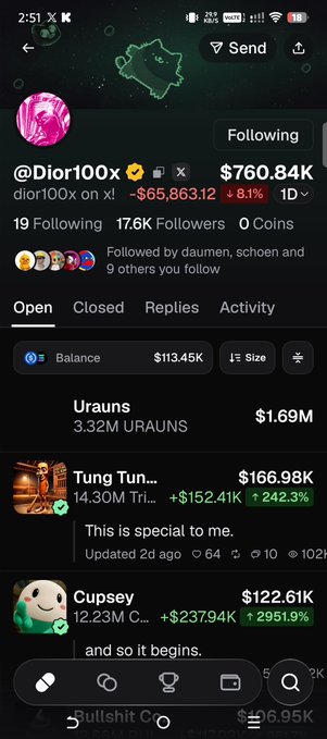 Screenshot of a mobile crypto trading app showing the profile '@Dior100x' on Solana (on x!) with a portfolio value of $760.84K (-8.1%), displaying holdings like Urauns ($1.69M), Tung Tun ($166.98K), and Cupsey ($122.61K).