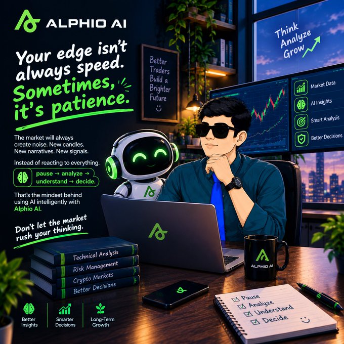 A promotional graphic for 'Alphio AI' featuring a cartoon man with sunglasses and a robot mascot at a laptop, alongside marketing text emphasizing 'pause → analyze → understand → decide.'