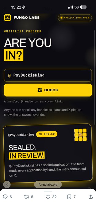 A screenshot from Fungolabs' application checker shows the handle '@PsyDuckisking' with an 'IN REVIEW' status.