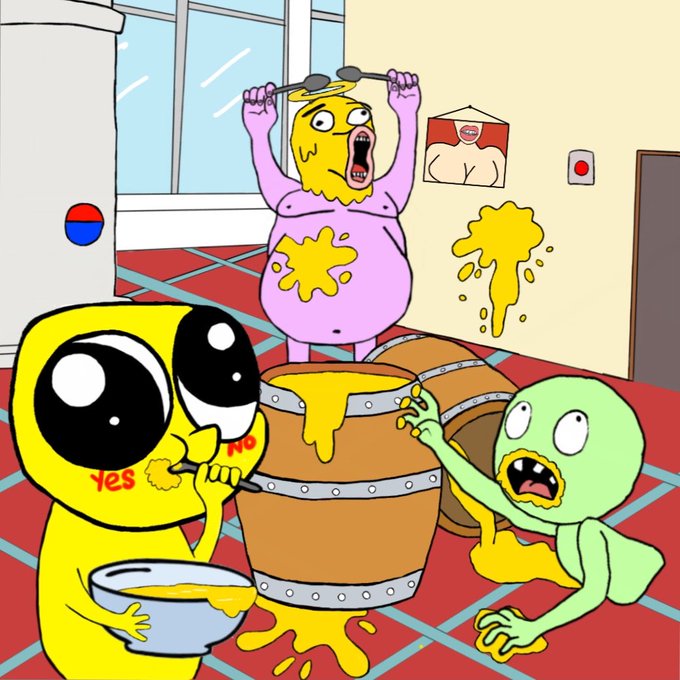 In the image, there are three cartoon characters - a yellow blob with a mouth open wide, another blob wearing a pink shirt, and a green blob holding a brown barrel filled with yellow goo. The yellow blob appears to be making a face while eating something out of the barrel, which is dripping with goo. The green blob has its arms raised in the air as if it's trying to get some of the goo from the barrel. The post asks "What does it feel like working at the tweak factory?" and the answer provided is "ummmm".