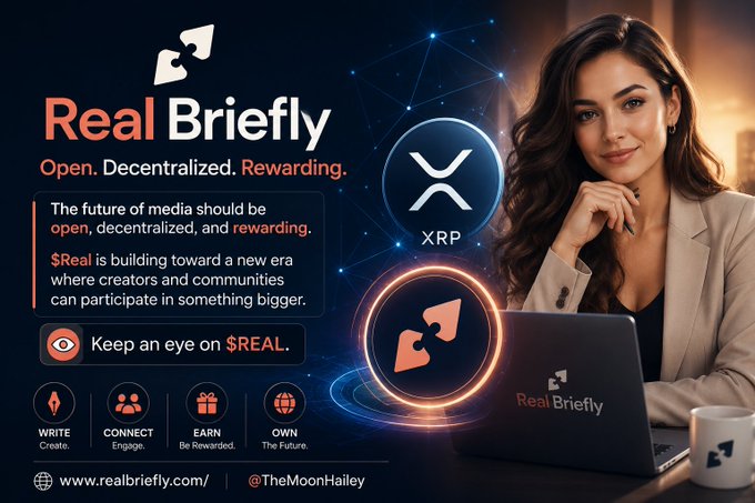 The image is a promotional graphic for "Real Briefly" featuring a woman using a laptop with the text "Open. Decentralized. Rewarding." and highlights the $REAL token alongside the XRP logo, emphasizing its mission to create an open, decentralized, and rewarding media future where creators and communities can participate and earn. It includes calls to action like "Write, Connect, Earn, Own" and directs viewers to realbriefly.com.
