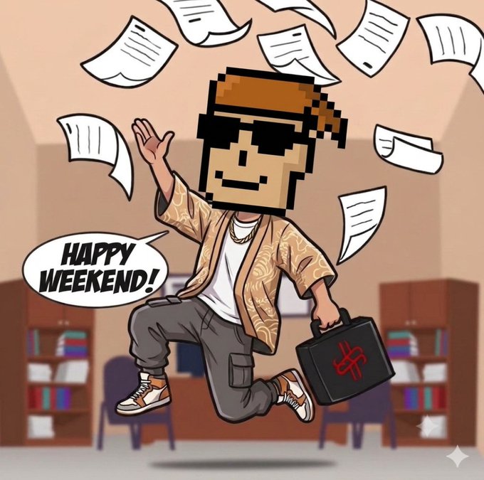 A pixel-art style illustration of a blocky-headed character wearing sunglasses, a paisley shirt, and gold chain, joyfully jumping with a black briefcase displaying a red dollar sign while papers fly around, with a speech bubble reading 'HAPPY WEEKEND!'.