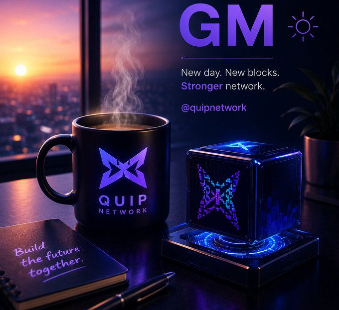 A 'GM' greeting post for Quip Network showing a branded coffee mug, glowing blockchain cube, and notebook on a desk at sunset, reading 'New day. New blocks. Stronger network. @quipnetwork.'
