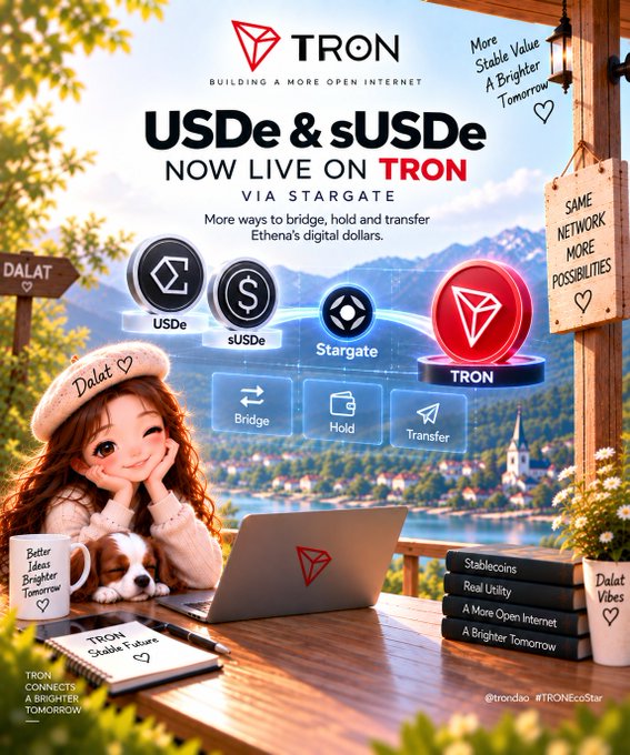 Promotional graphic for TRON announcing 'USDe & sUSDe NOW LIVE ON TRON VIA STARGATE' via Stargate, featuring an illustrated girl with a laptop in a scenic outdoor setting.