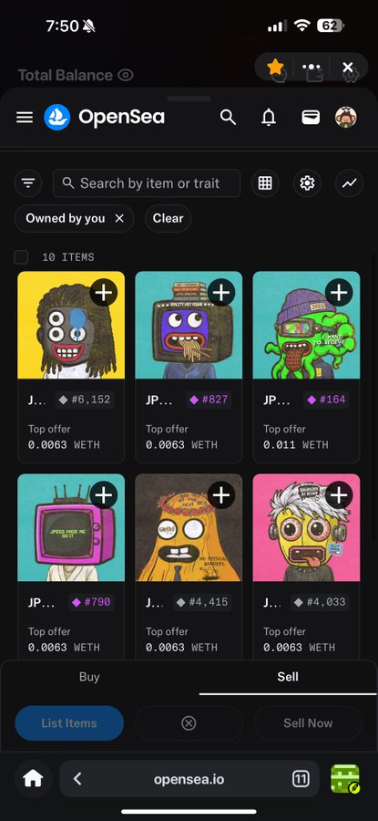 A mobile screenshot of the OpenSea NFT marketplace displaying a collection of cartoon-style character NFTs with prices listed in WETH.
