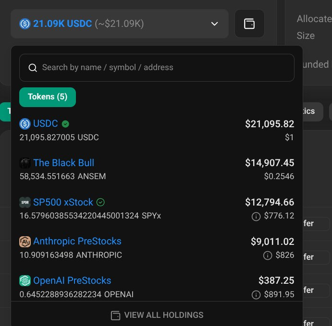 A dropdown menu displays a token portfolio totaling $21.09K USDC, including holdings in USDC ($21,095.82), The Black Bull ($14,907.45), SP500 xStock ($12,794.66), Anthropic PreStocks ($9,011.02), and OpenAI PreStocks ($387.25). This portfolio view illustrates Mosaic's mainnet performance after 10 epochs, showcasing $60,623 in protocol fees with $51,529 allocated to holders.