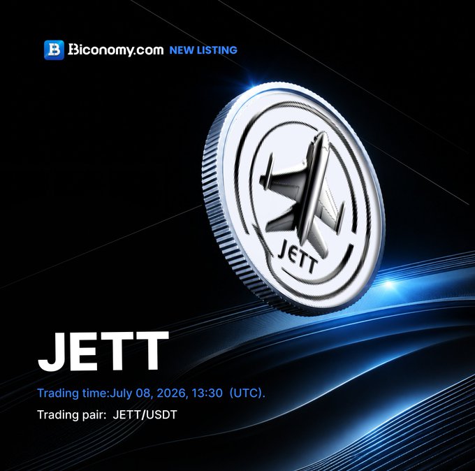 A new listing announcement from B3conomy.com for the JETT token, with trading scheduled for July 08, 2026, 13:30 (UTC) on the JETT/USDT trading pair.