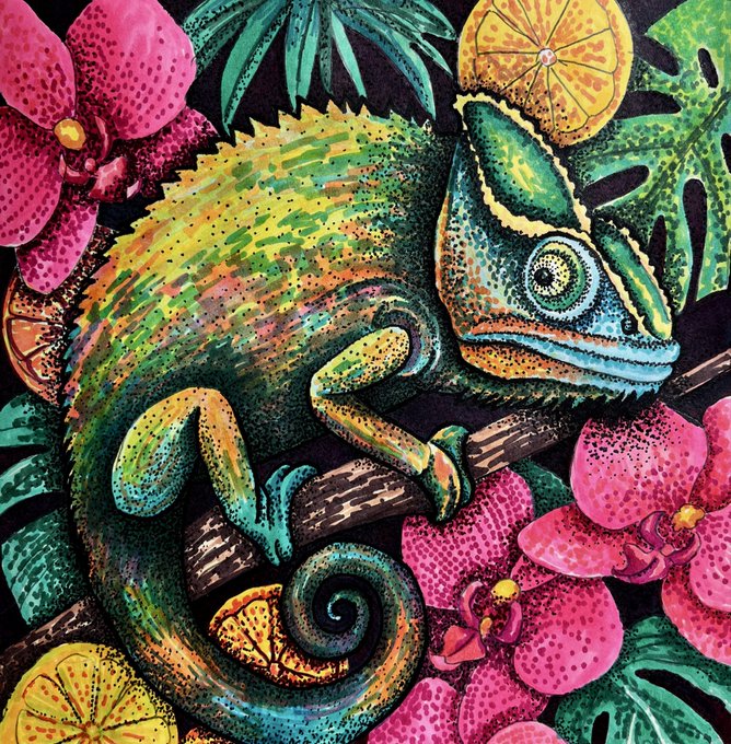 A vibrant hand-drawn chameleon with intricate dot-work detail perches on a branch surrounded by lush pink orchids and sliced citrus fruits, embodying the "Tropical Instinct" theme of the Tezos NFT artwork.