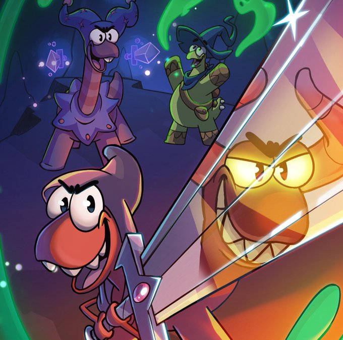 A stylized illustration of cartoon characters, including a purple dinosaur-like creature, a turtle, and a menacing orange figure holding a sword.