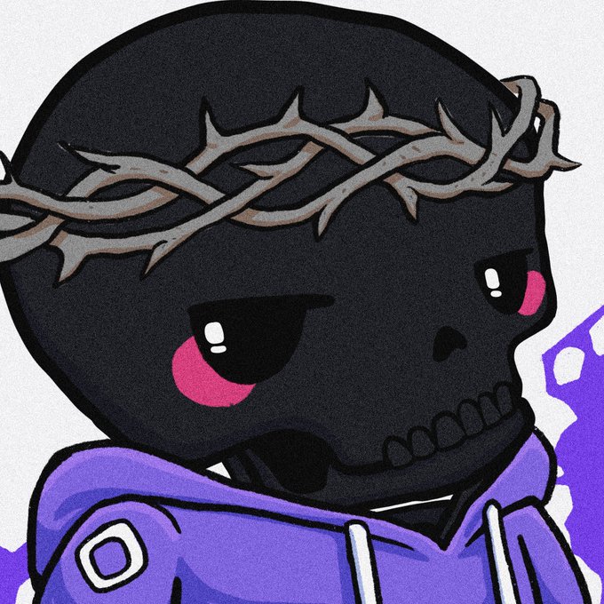 A chibi-style illustration of a dark, menacing character with pink glowing eyes, wearing a crown of thorns and a purple hoodie, subtly holding a scythe in the background. The image complements the rebellious tone of the post, which announces a DDoS attack on Robinhood to promote an NFT mint on the Monad blockchain, with availability on OpenSea.