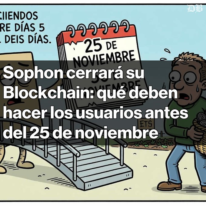 A Spanish-language news illustration is overlaid with the headline “Sophon cerrará su Blockchain: qué deben hacer los usuarios antes del 25 de noviembre.” In the background, a calendar reads “25 DE NOVIEMBRE,” with partial Spanish text about days and a cartoon character standing near a ramp.