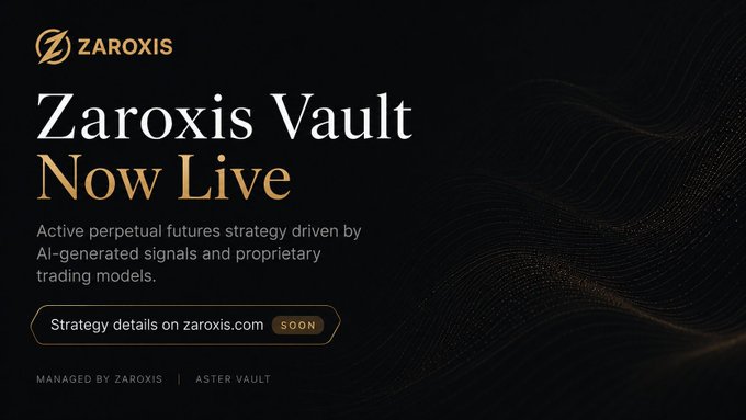 Promotional graphic for 'Zaroxis Vault Now Live', describing an active perpetual futures strategy driven by AI-generated signals and proprietary trading models, managed by Zaroxis.