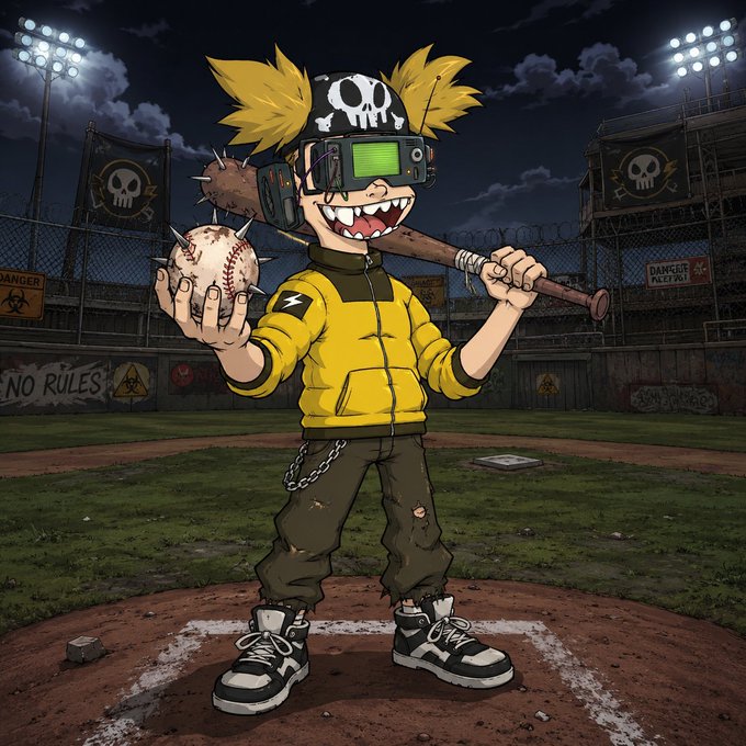A cartoon illustration of a punk character in a yellow hoodie and spiked helmet holding a spiked baseball and bat on a baseball field with 'NO RULES' graffiti.
