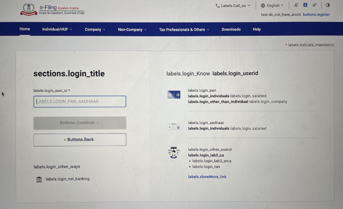 A screenshot of an e-Filing portal login page for the Income Tax Department, Government of India, displaying a login box with 'labels.login_user_id' and a list of login options including PAN/Aadhaar.