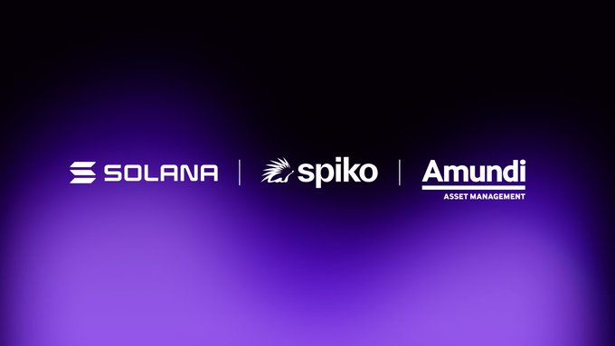 A promotional graphic with logos for Solana, Spiko, and Amundi Asset Management on a dark purple gradient background.