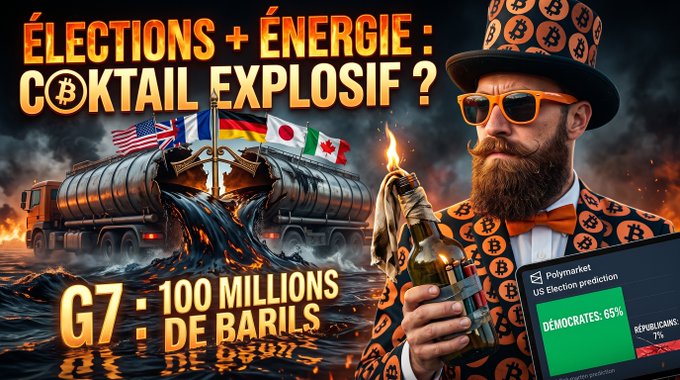 A graphic illustration featuring a bearded man wearing a Bitcoin-patterned top hat and orange sunglasses holding a Molotov cocktail, alongside a tanker truck overflowing with oil and G7 country flags; text reads 'ÉLECTIONS + ÉNERGIE : COKTAIL EXPLOSIF ?' and 'G7 : 100 MILLIONS DE BARILS', with a Polymarket prediction 'DÉMOCRATES: 65%'.