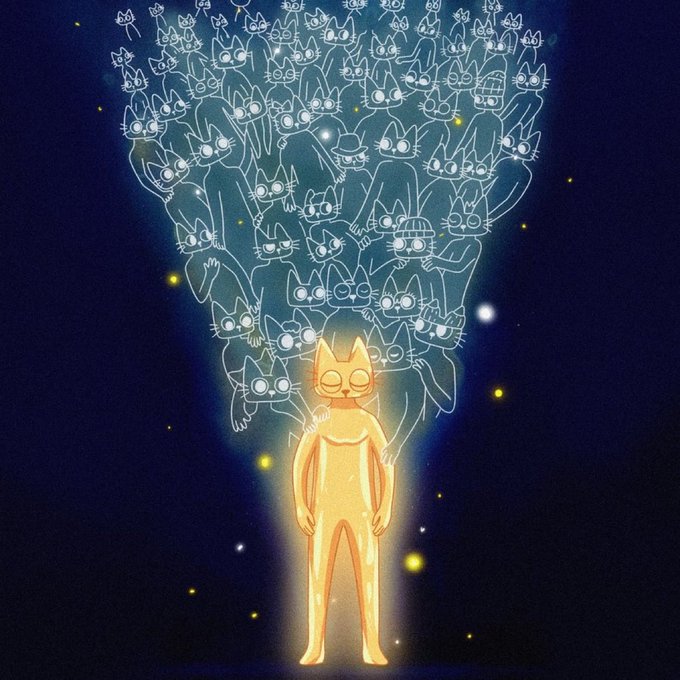 A digital illustration shows a glowing golden humanoid figure with cat ears and closed eyes, radiating a beam of light upward containing numerous white line-drawn cats floating into a dark blue starry sky.