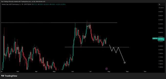 A candlestick chart of USDT.D (USDT Dominance) shows price at 8.108% with a drawn arrow pointing downward toward a key support level near 8%, illustrating the post's call for USDT.D to break that low before Bitcoin can rally higher.